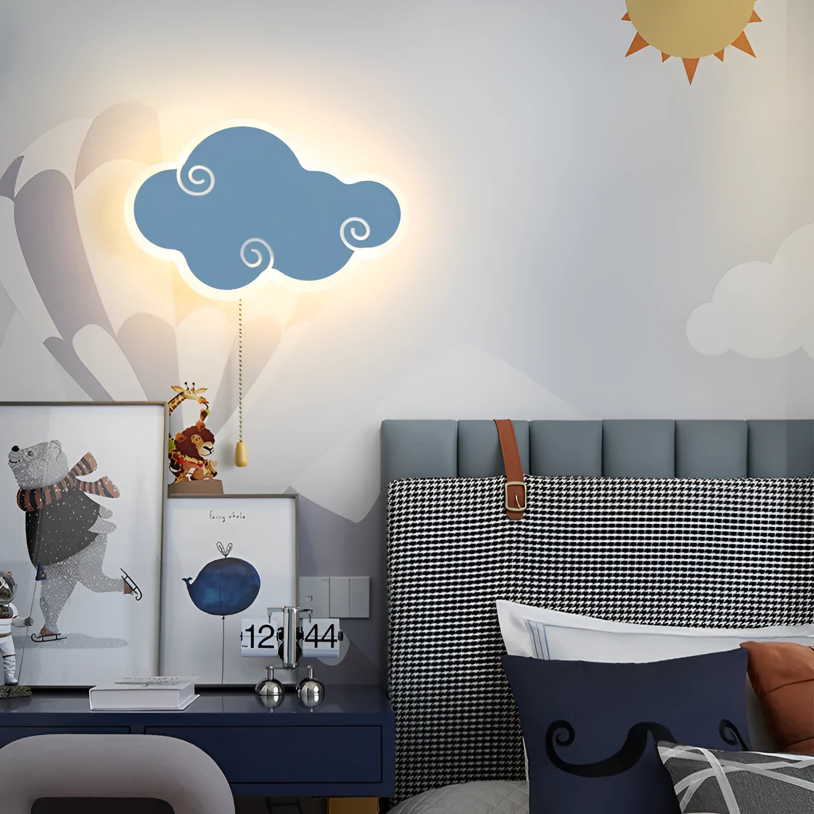 Modern cloud-shaped children's wall lamp with acrylic cover showing three-colour light options