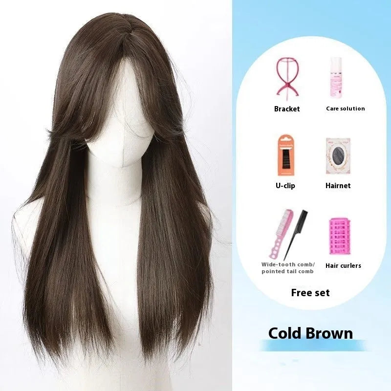 Forehead lace long straight wig with side bangs in high temperature fibre material