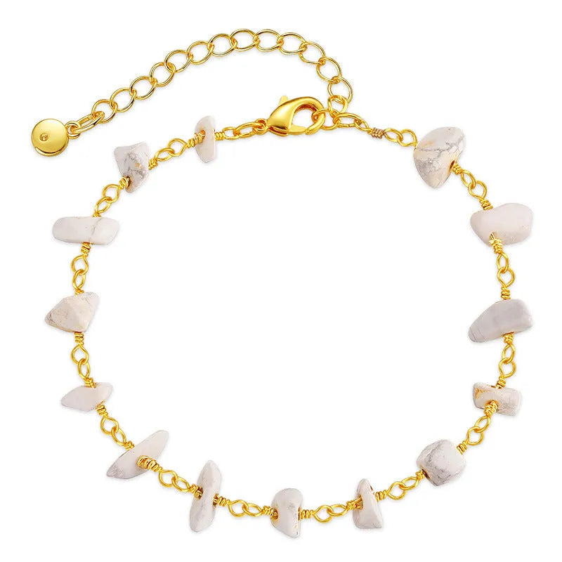 Women's geometric bracelet with irregular natural gravel stones in turquoise blue on 18K gold-plated copper