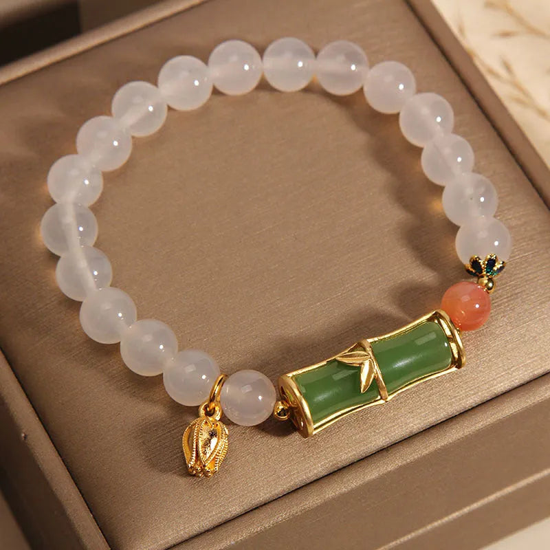 White agate jade Chinese style bamboo joint bracelet with retro luxury design for women