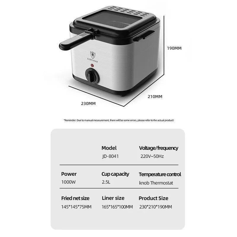 Silver electric air fryer with detachable basket on kitchen countertop
