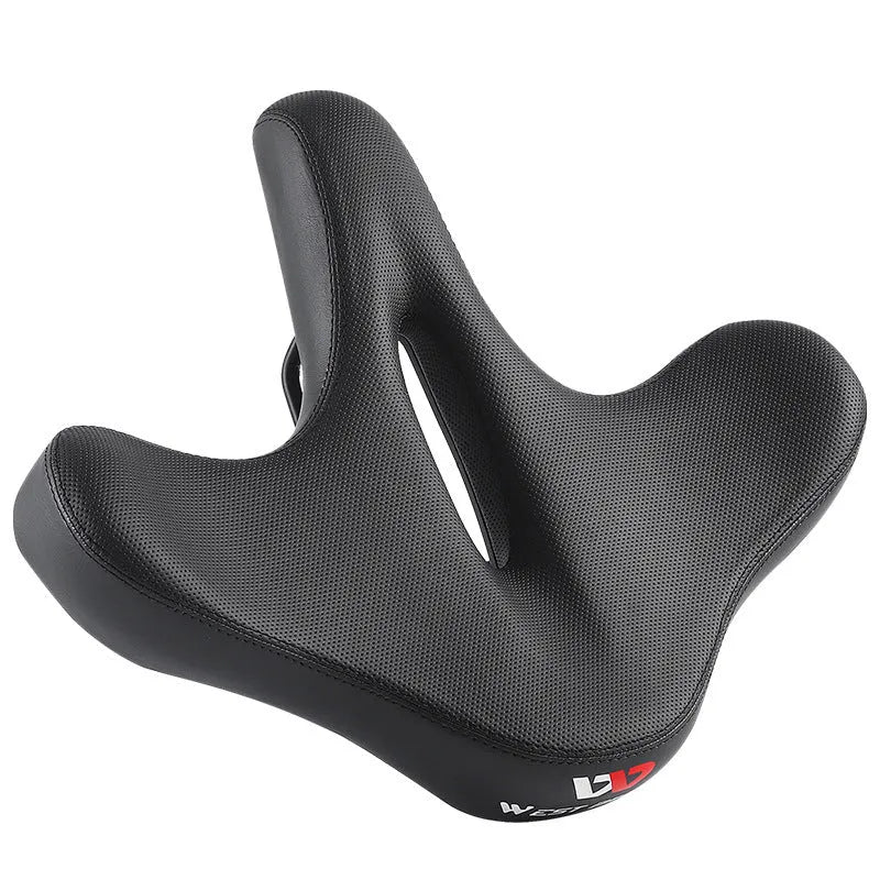 Black leather bicycle seat cushion with polyurethane foam filling for shock absorption on a bike saddle.