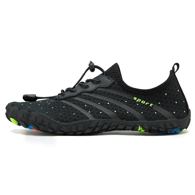 Low-top fast-draining beach shoes in army green with mesh fabric upper and rubber sole.