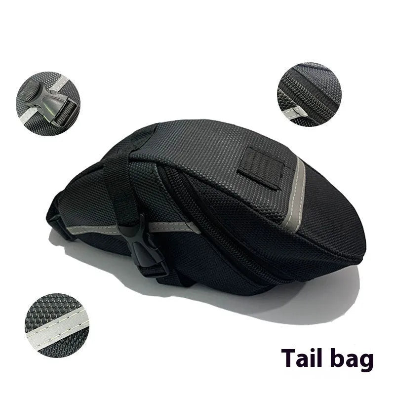 Black quick release bicycle saddle bag mounted under bike seat with tool capacity dimensions 20x8x6cm
