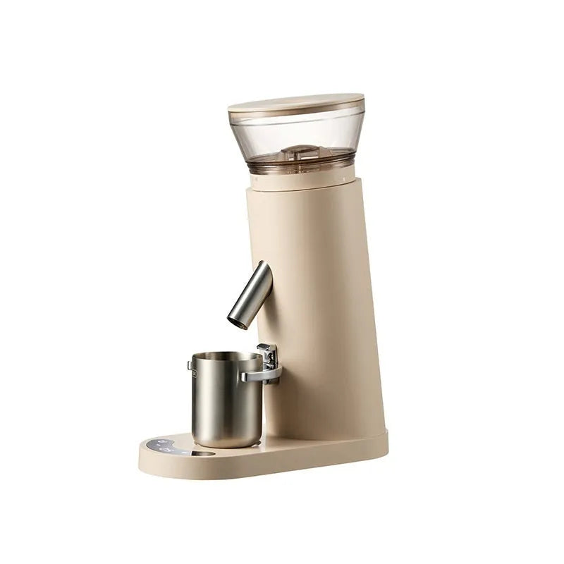 Portable automatic electric coffee grinder in stainless steel, showing style options in beige or black.