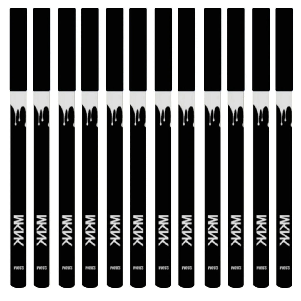 12 white and black retractable eyeliner pencils with a sharpener on a white background.