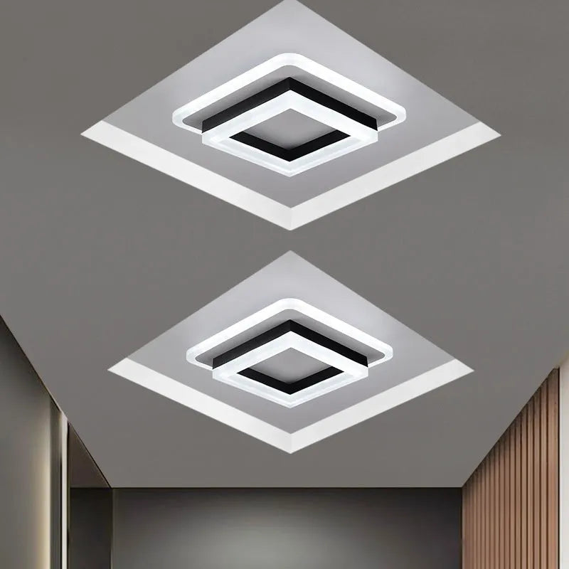 Modern simple LED ceiling light in black or gold, round or square shape, for corridors and hallways.