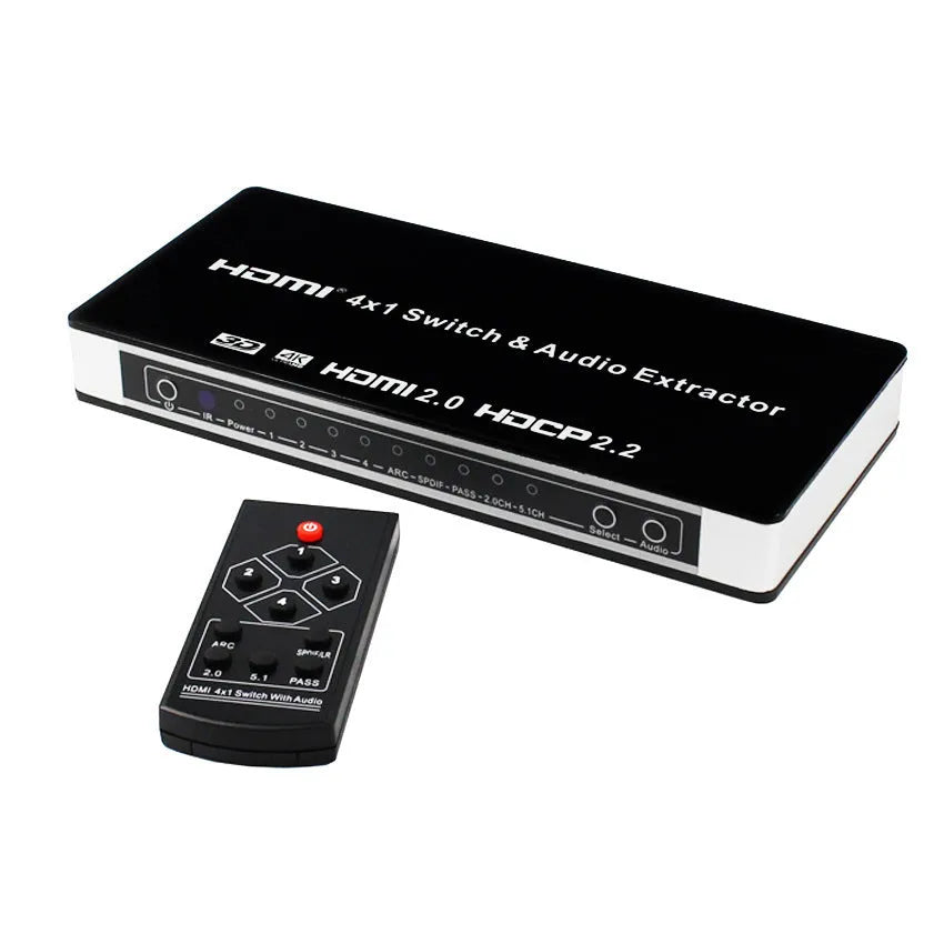 Black HDMI switch with remote control showing four input ports and one output port