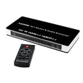 Black HDMI switch with remote control showing four input ports and one output port