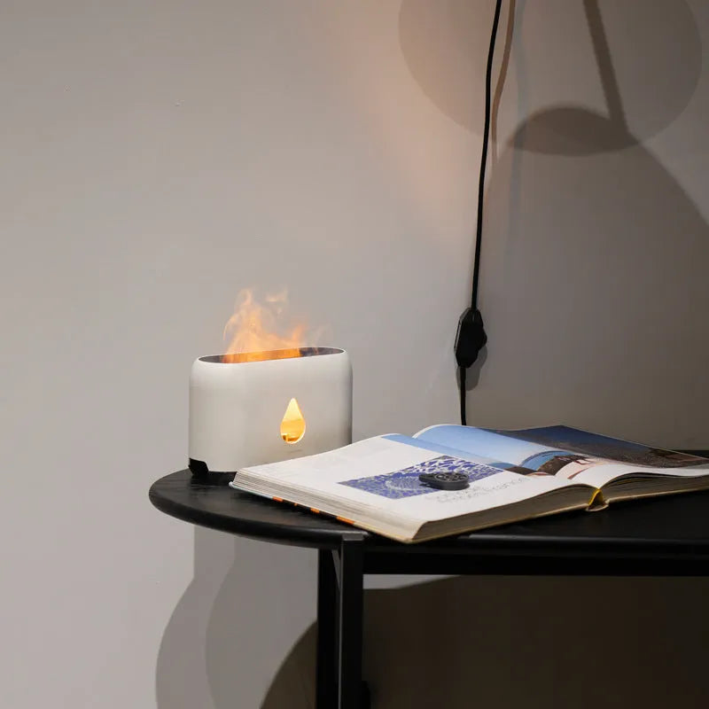 Mini remote control flame diffuser air humidifier in white with USB cable, round plastic shape