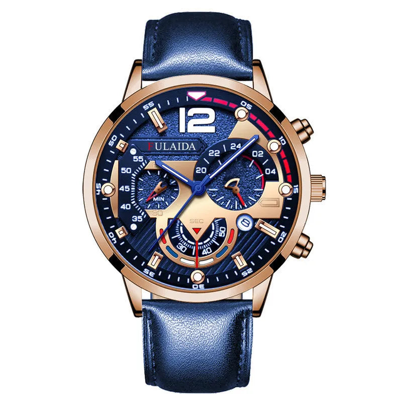 Men's casual quartz watch with calendar, genuine leather strap, rose gold buckle, 37mm dial