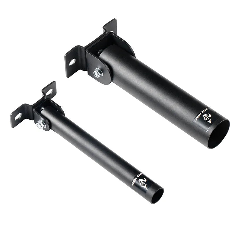Steel wall-mounted rack with 25 tubes for storing barbell rods.