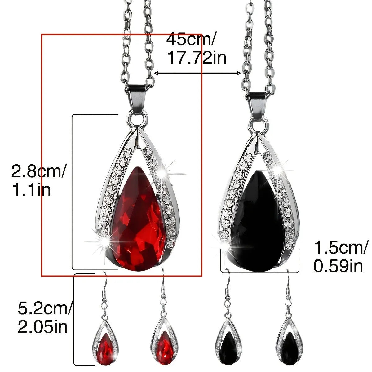Black and red teardrop glass pendant necklace and earrings matching set.