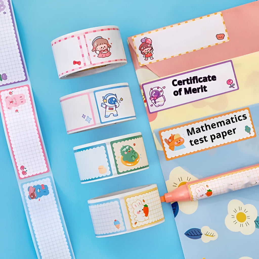 Cartoon name tape stickers roll with dinosaur, astronaut, rabbit, and girl design options