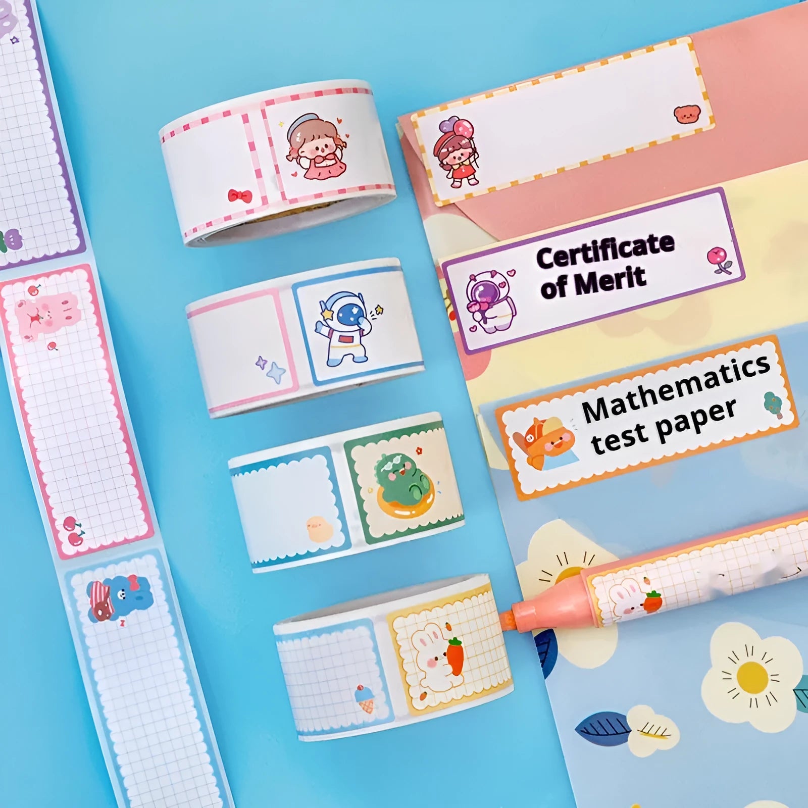Cartoon name tape stickers roll with dinosaur, astronaut, rabbit, and girl design options