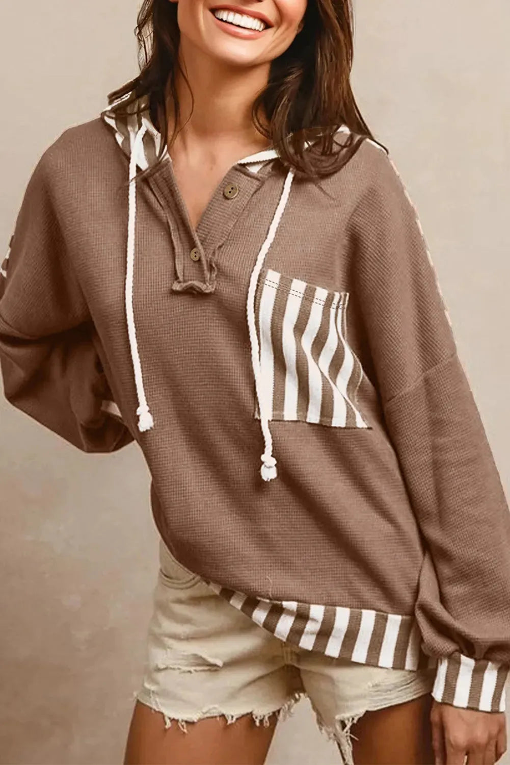Straw yellow waffle texture striped patchwork hoodie with button neck and drawstring hood