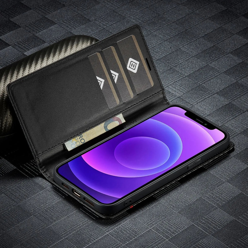 Flip phone case with kickstand and magnetic closure in black horizontal bar style for iPhone