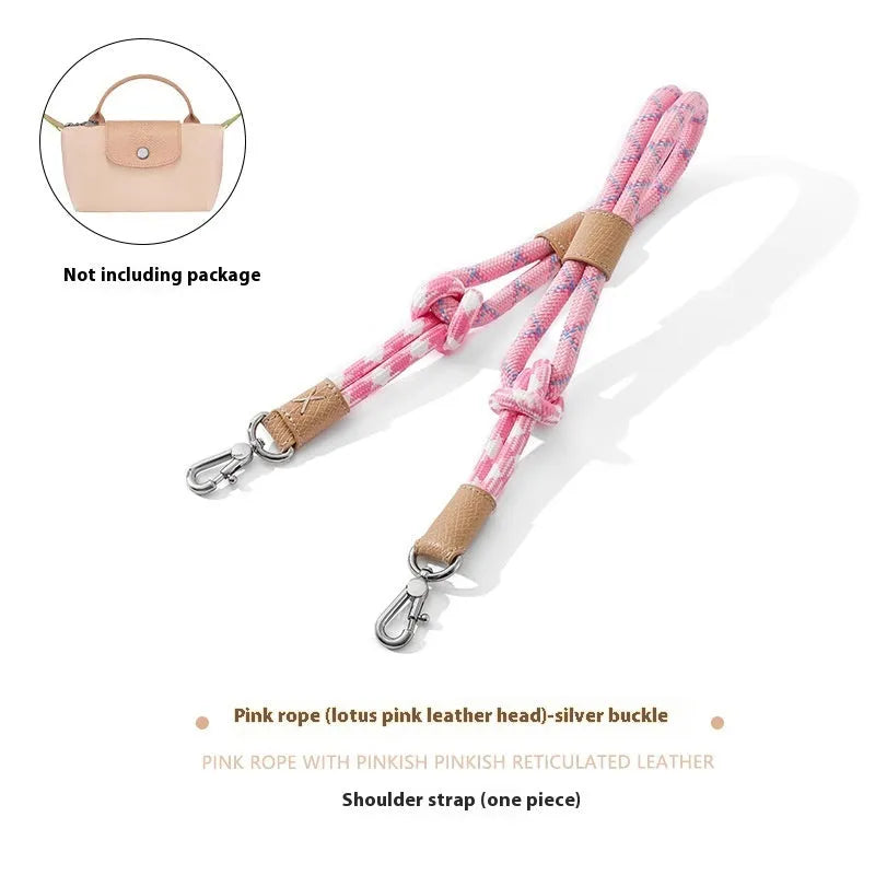Braided nylon rope shoulder strap with cowhide leather accents and an alloy buckle.
