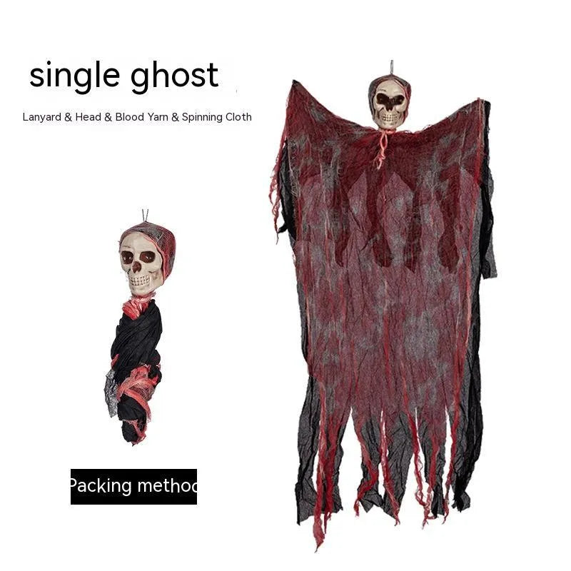 Halloween hanging ghost pendant with realistic skull face and wavy ghost clothes