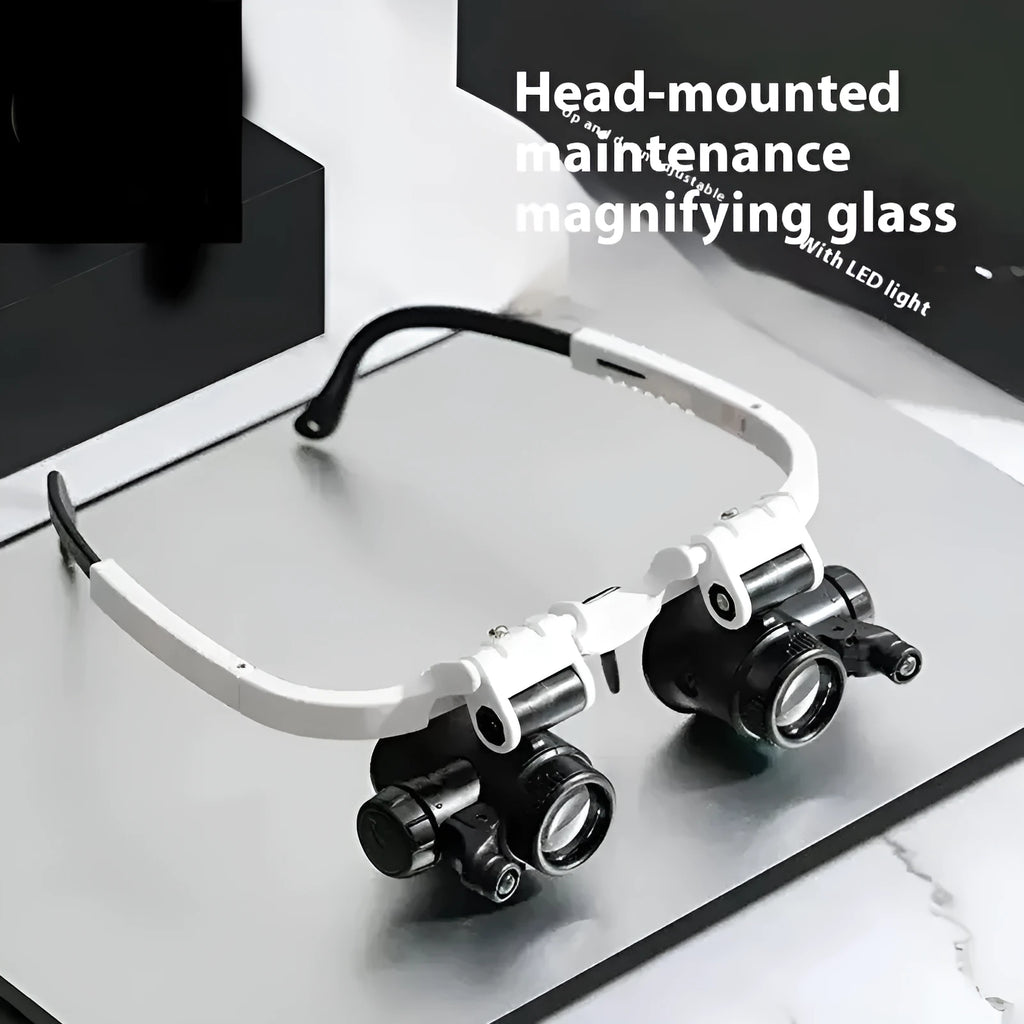 White foldable head-mounted magnifying glass with LED light for close-up repair work.