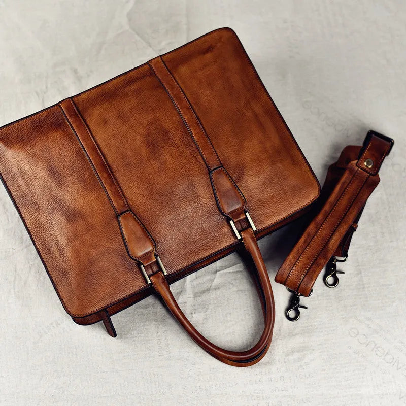 Men's 14-inch horizontal leather business handbag in khaki colour with zipper closure