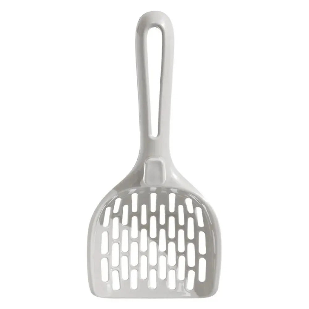 Grey plastic cat litter scoop with integrated base and fine mesh sifting tray