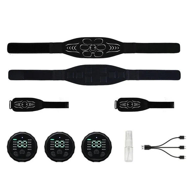 Silicone EMS belly shaping belt with muscle stimulator and hand and foot straps on orange background