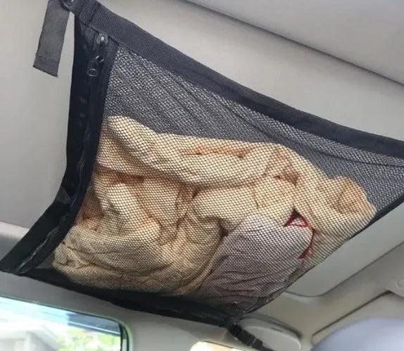 Black multifunctional hanging car storage bag double-layer mesh on car top interior with drawstring option