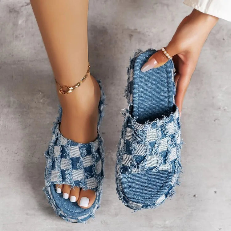 Women's denim slippers with slope heel and thick bottom in blue colour round toe design