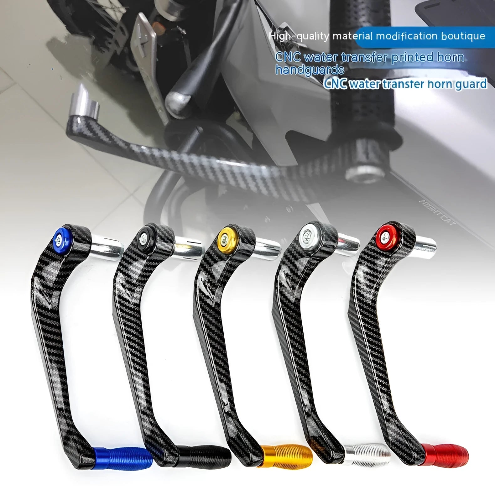 Aluminium motorcycle hand guards with water transfer printing in five colour options