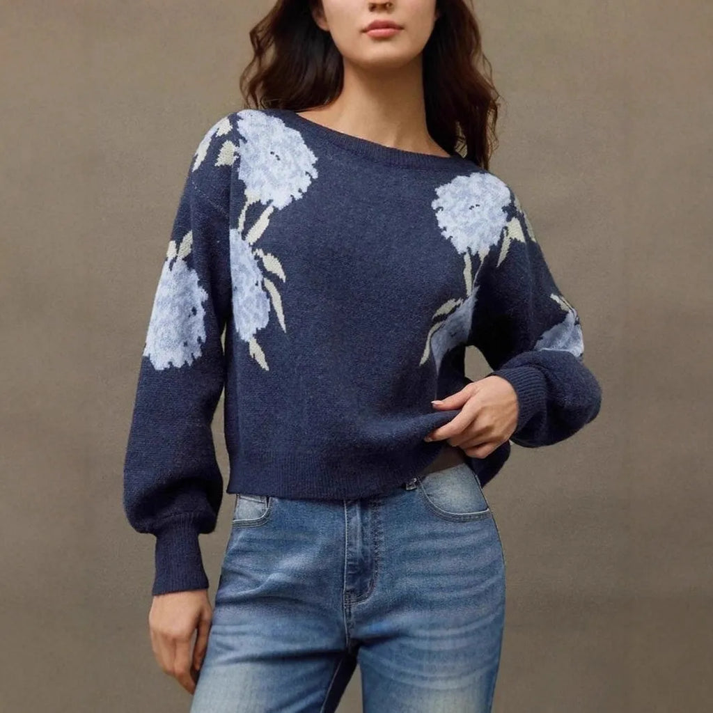 Women's sapphire blue off-neck pullover sweater with woven floral jacquard pattern