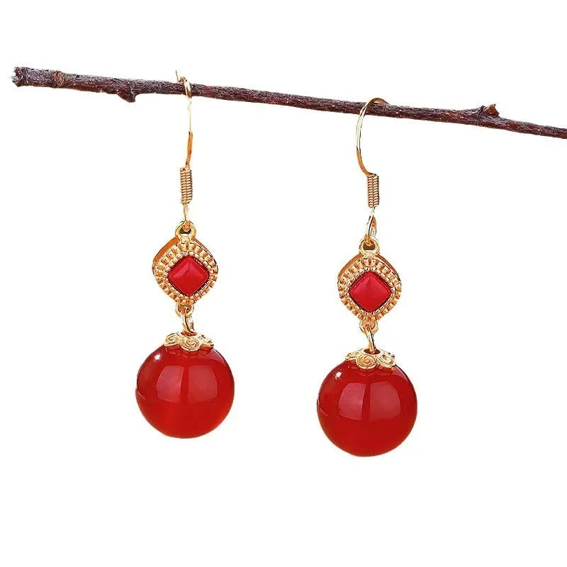 Southern red agate round bead earrings with sterling silver inlaid jasper geometric drop design