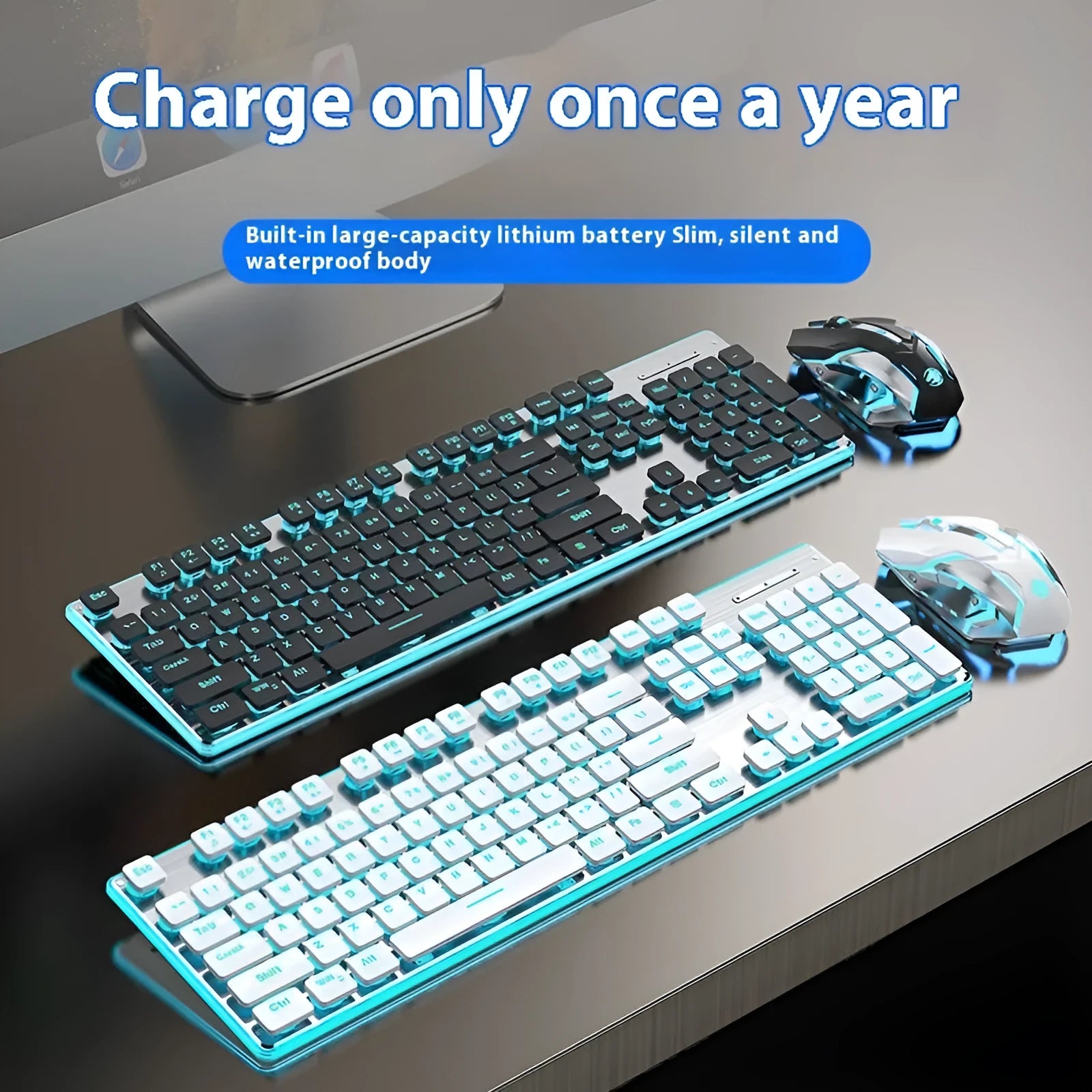 Wireless Bluetooth and 2.4G keyboard in Cherry Blossom Pink colour on a desk next to a tablet.
