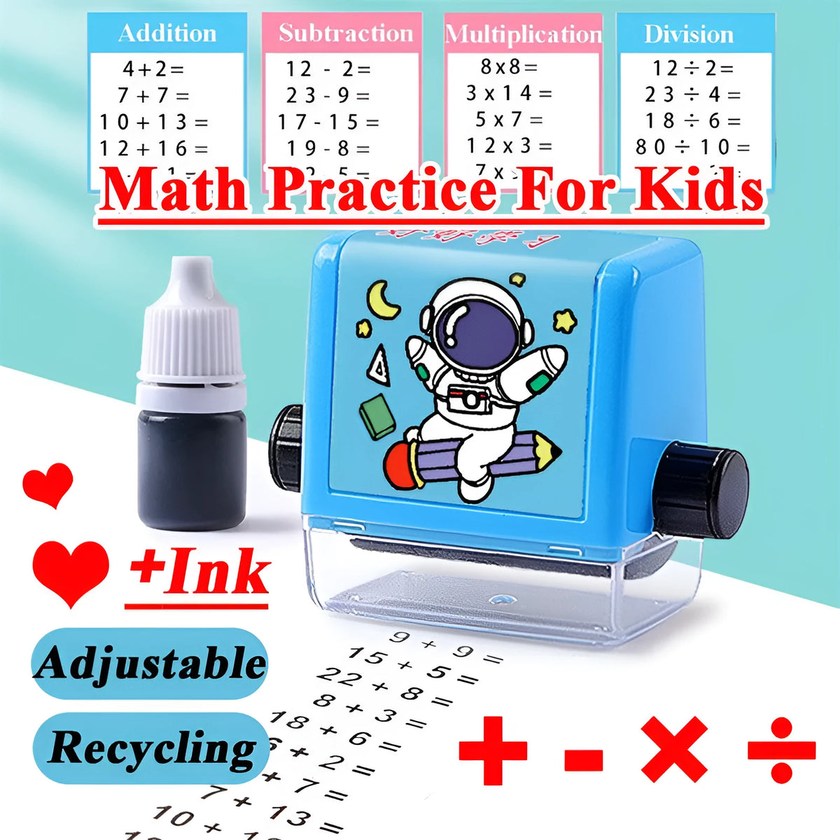 Math roller stamp in blue or pink, plastic, 4.4 x 3 x 4.8 cm, for addition subtraction multiplication division practice.