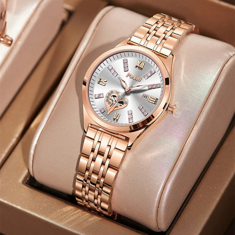 Women's casual alloy strap watch with Roman numeral rhinestone dial, luminous hands, and calendar window