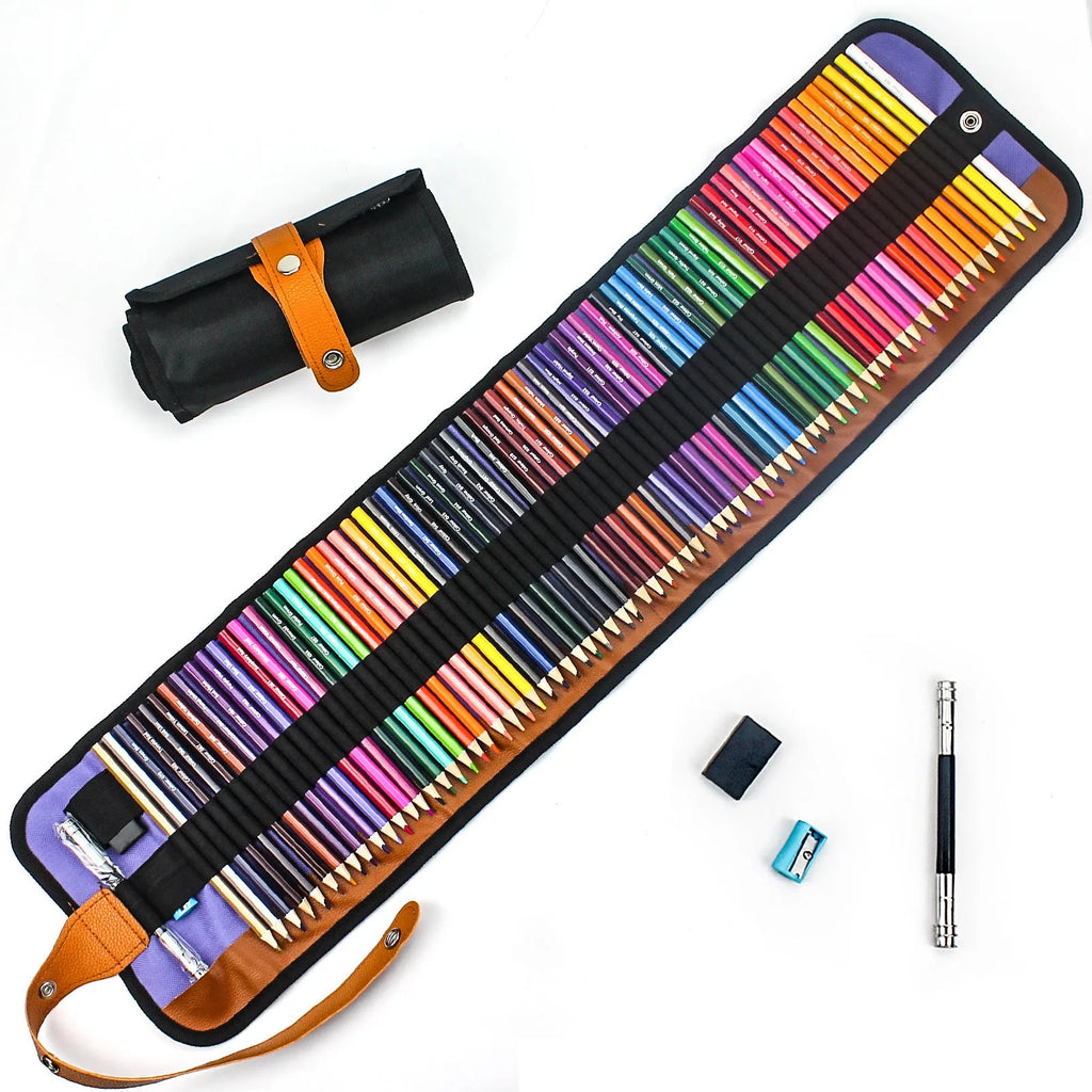 Wooden case open to show 50 coloured pencils for oily painting, made from basswood.
