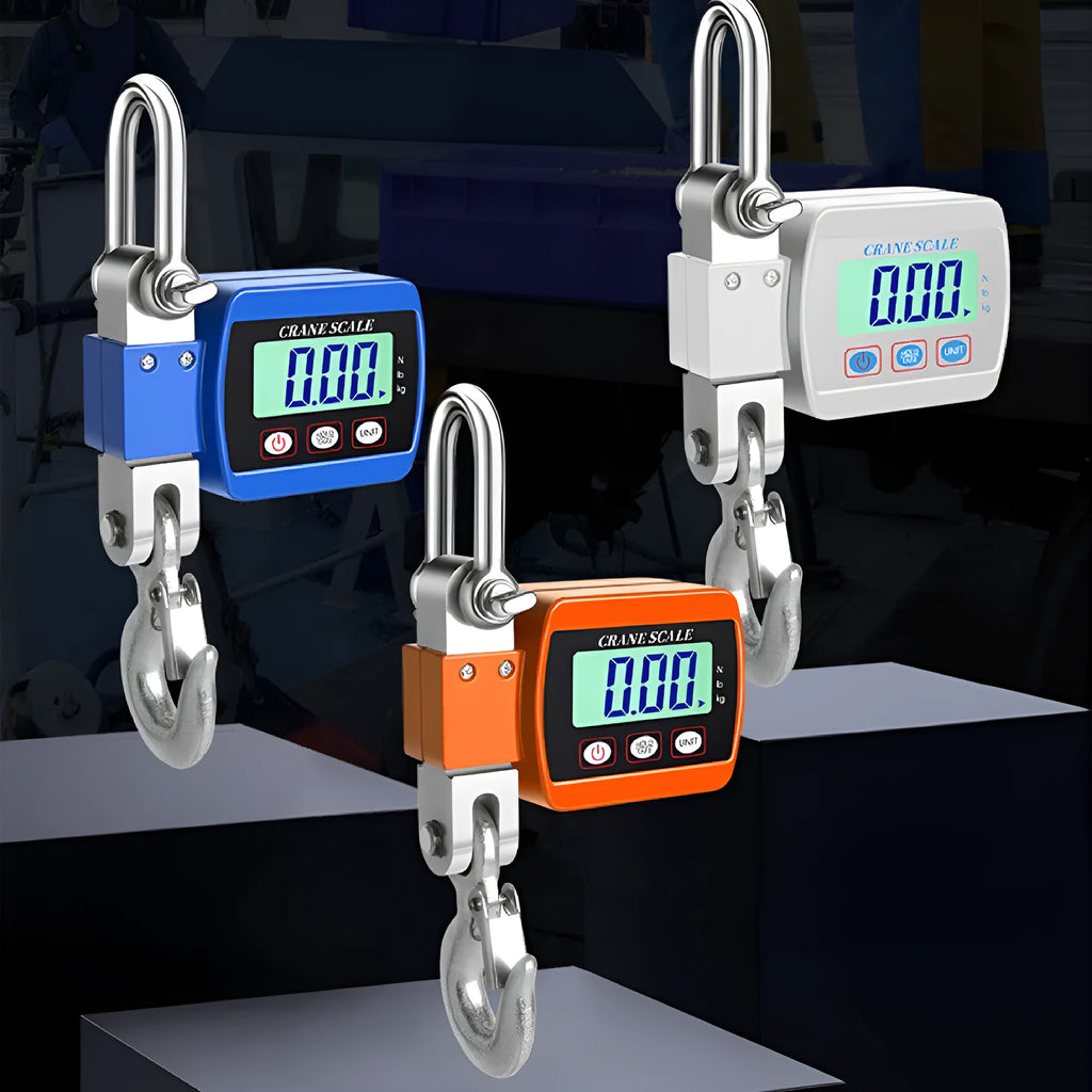 Blue digital hanging hook scale with LCD display showing weight, measuring 22cm long.