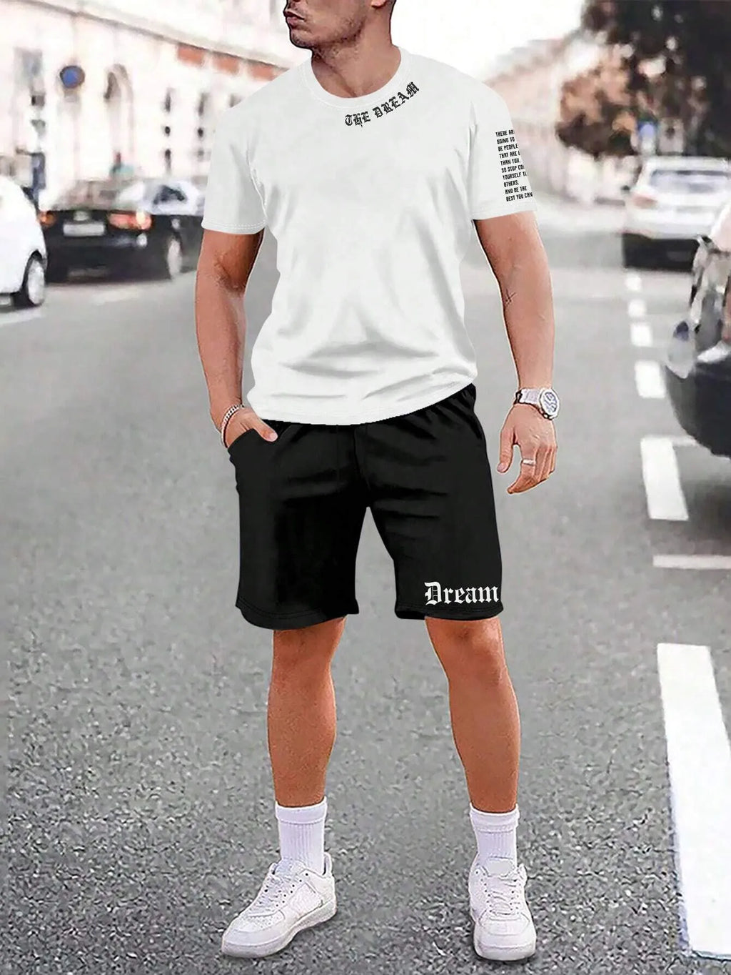 Men's blue sports style short-sleeved top and matching shorts two-piece casual suit set