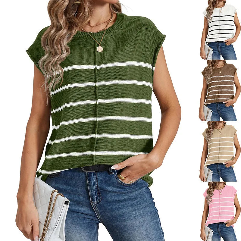 Women's striped sleeveless vest pullover top in acrylic knit with bone stitching.