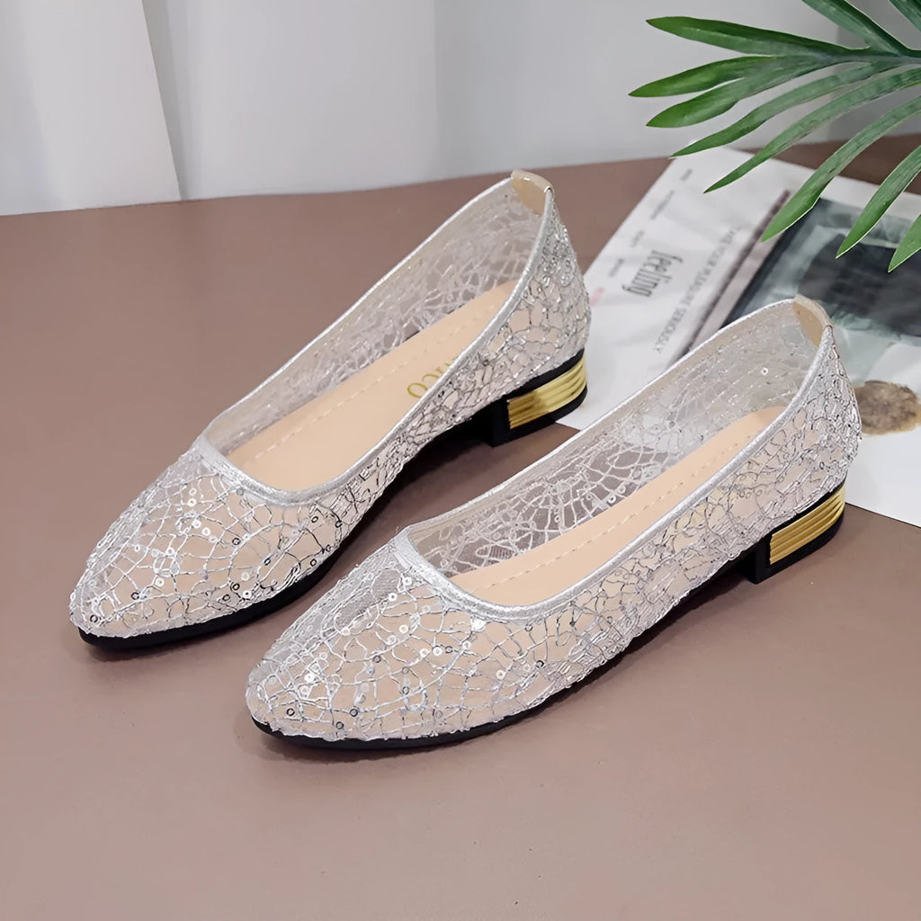 Women's low-cut summer casual flats in solid silver or gold, breathable microfiber and composite, sizes 35-42