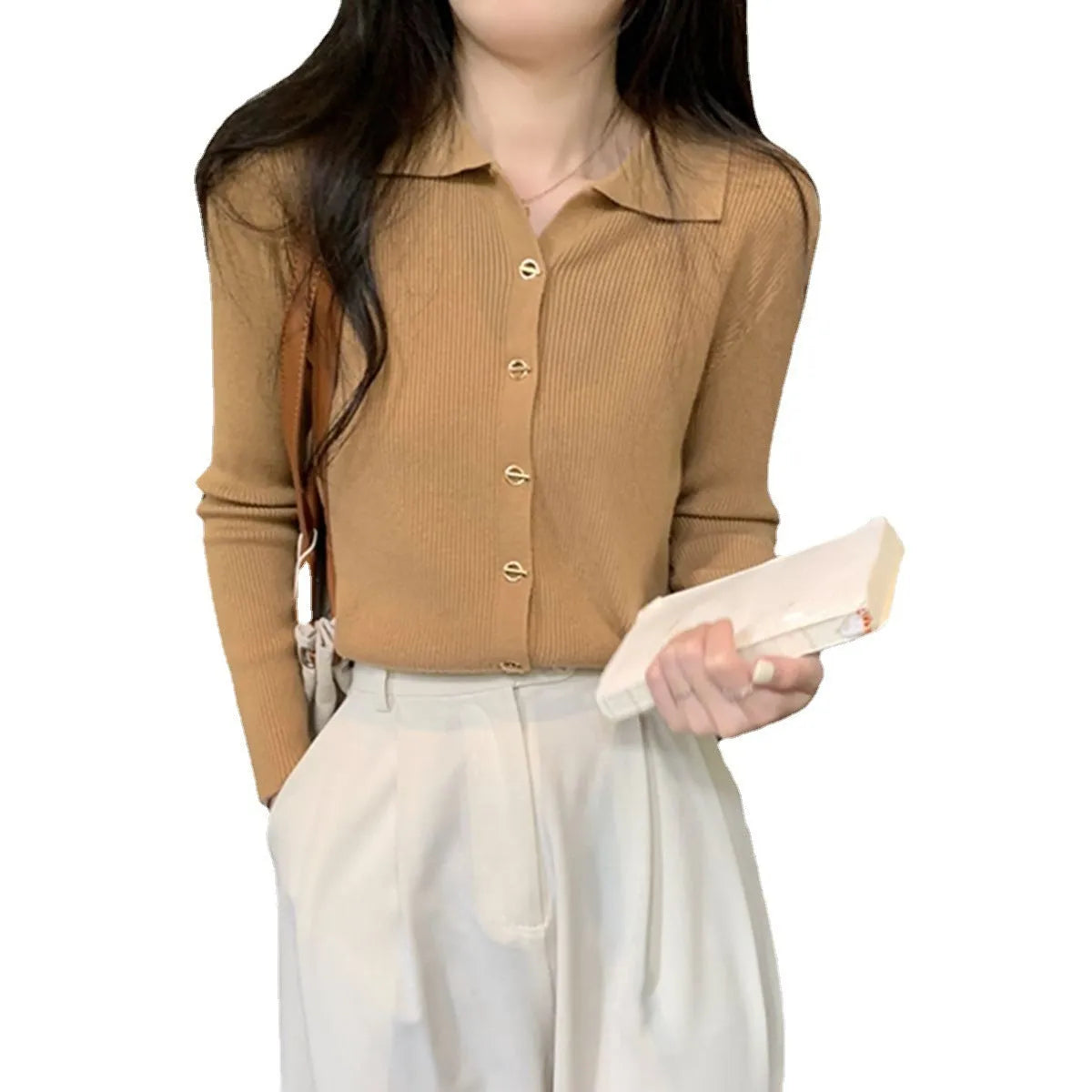 Gentle long-sleeved viscose cardigan top in loose fit, shown in oatmeal colour.