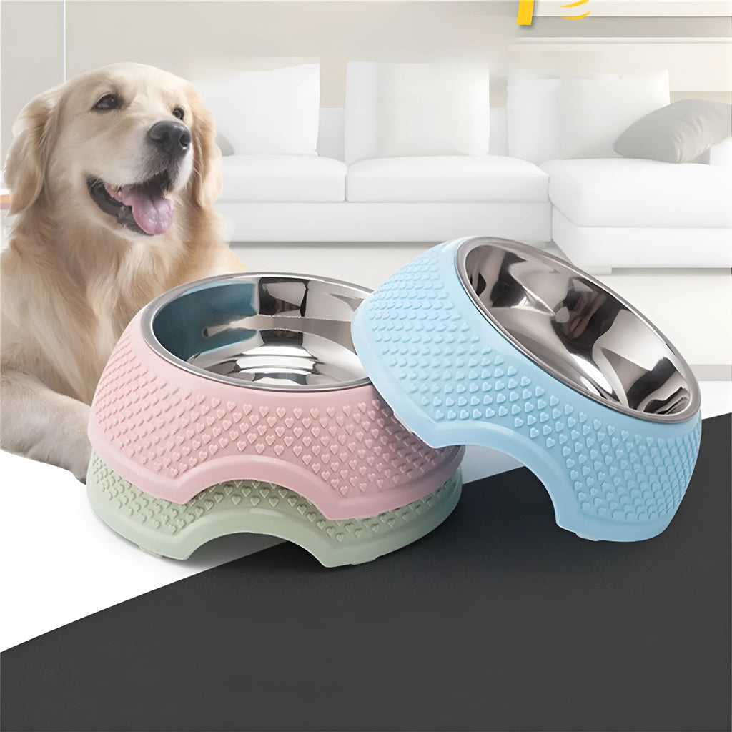 Blue stainless steel pet bowl with non-slip rubber base for cats and dogs