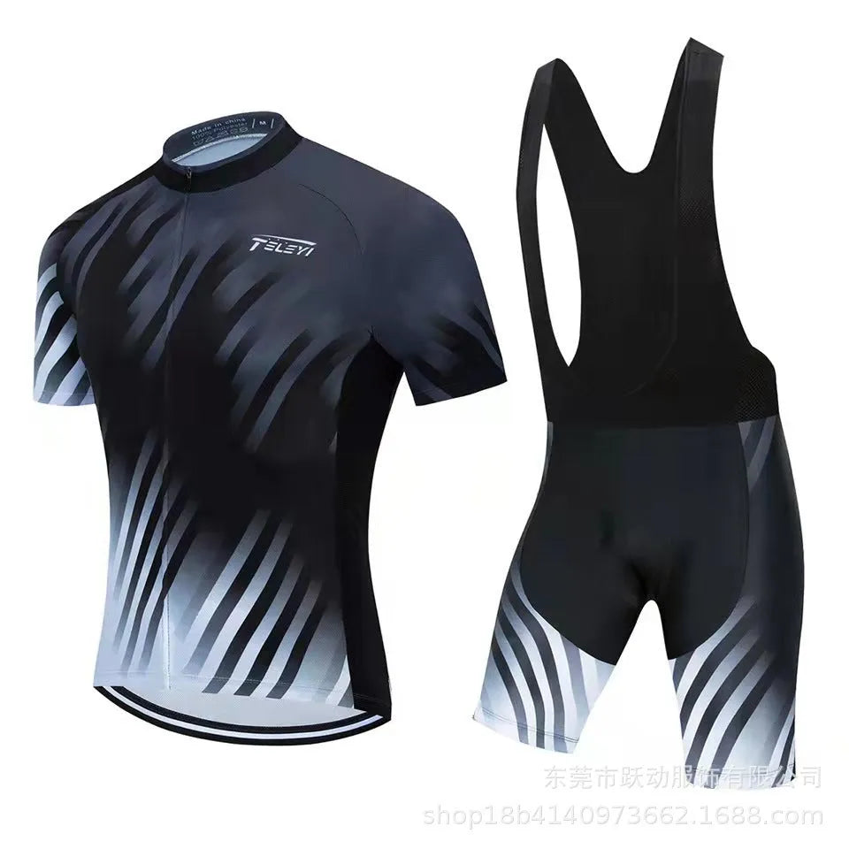 Men's and women's blue cycling jersey and matching pants set for summer road and mountain biking.
