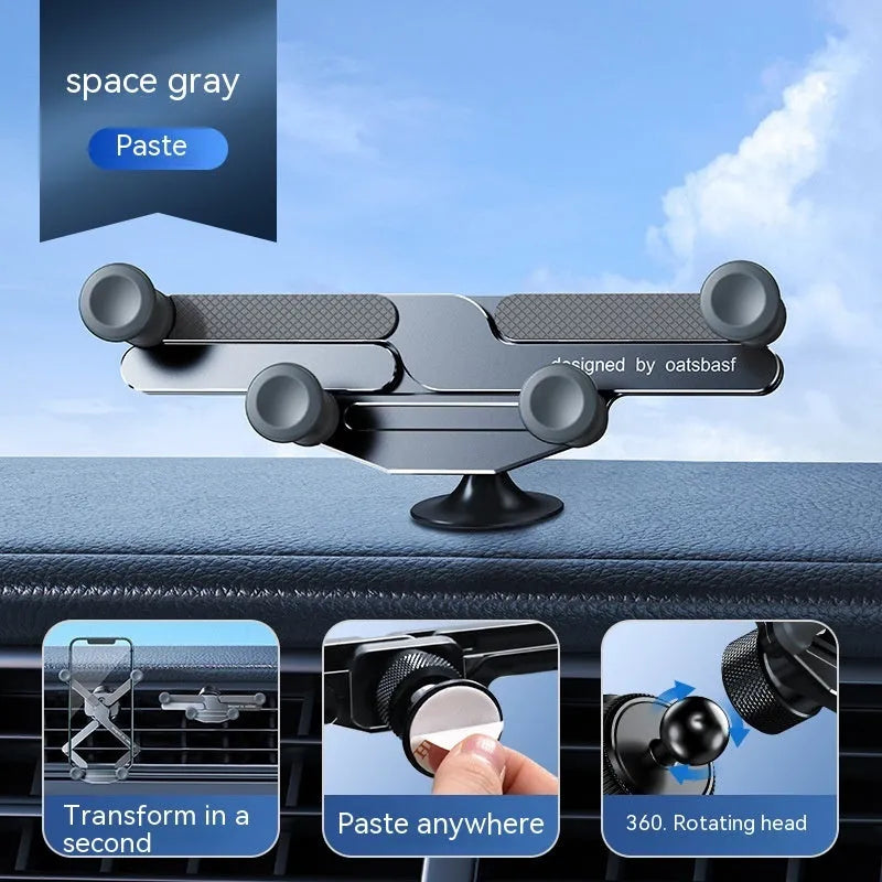 Invisible alloy on-board car phone bracket showing knob air outlet and paste mounting versions in black colour