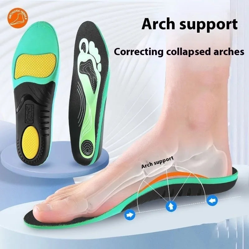 Blue and green PU flat foot correction insoles showing arch support design with yard sizing indicators