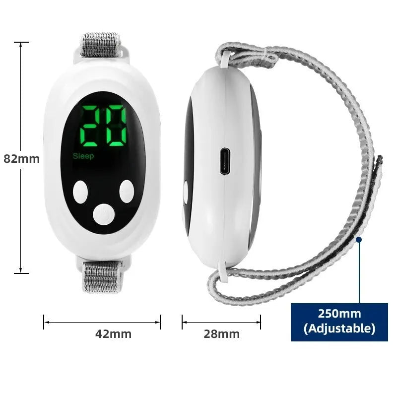 White handheld sleep aid instrument with remote control and adjustable intensity settings