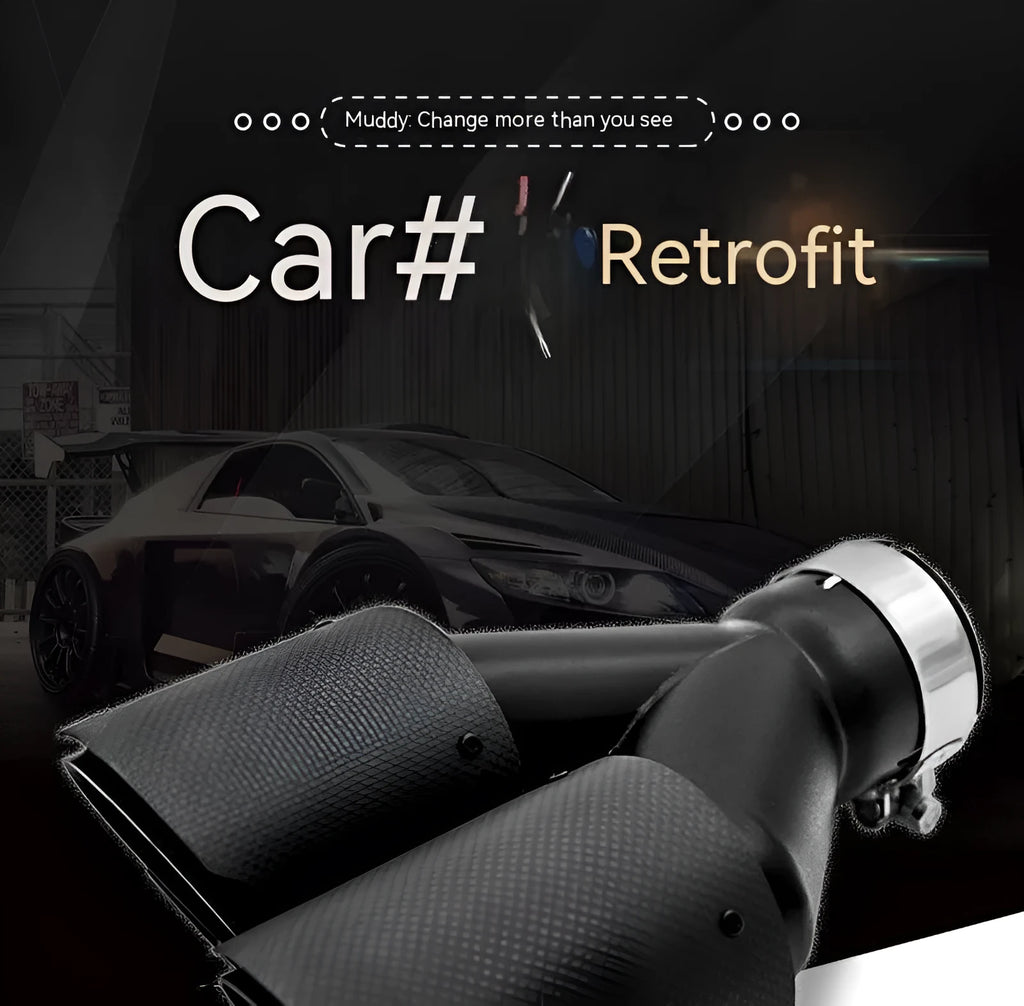 Black carbon fibre car exhaust silencer with double outlet tail pipe, 250mm vehicle modification component