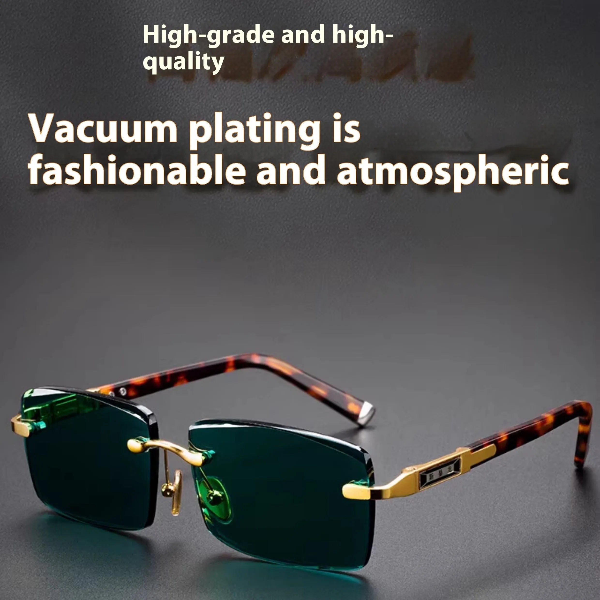 Frameless dark green crystal sunglasses with metal arms on a table next to their hard case.