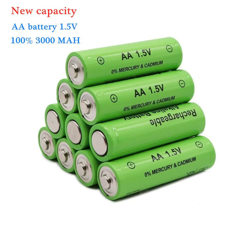 Green alkaline rechargeable AA battery with 3000mAh capacity and 1.5V rating.