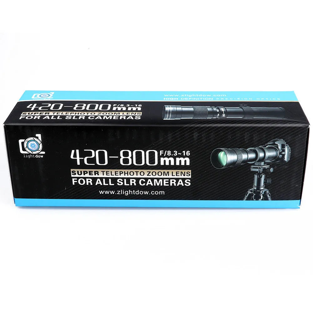 420-800mm manual telephoto zoom lens adapter with T-mount for DSLR cameras showing extended zoom position